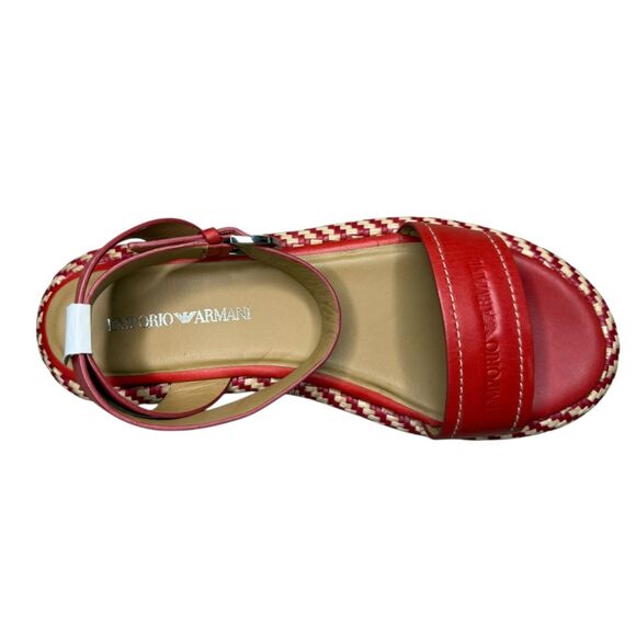 Emporio Armani Women’s EU 37 US 7 Wedge Espadrille Sandals Red Leather Logo NEW - Picture 8 of 12